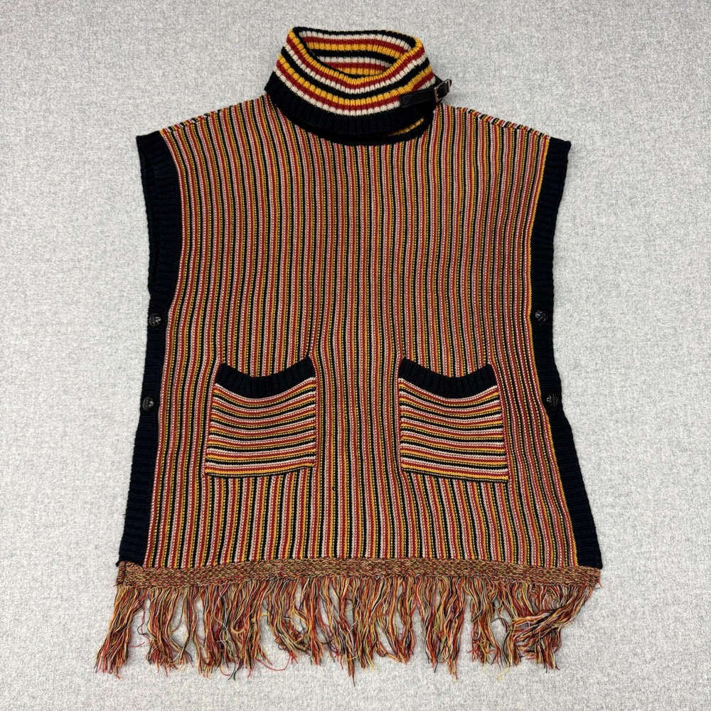 Loana Girl Knit Poncho Vest One Size Multicolor Fringe StripeBuckle Neck Pockets